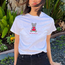 Load image into Gallery viewer, "Love and Feed Me" Black and Tan French Bulldog Strawberry Embroidered Graphic T-shirt