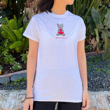 Load image into Gallery viewer, "Love and Feed Me" Black and Tan French Bulldog Strawberry Embroidered Graphic T-shirt