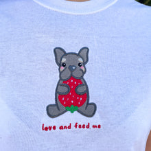 Load image into Gallery viewer, "Love and Feed Me" Black and Tan French Bulldog Strawberry Embroidered Graphic T-shirt