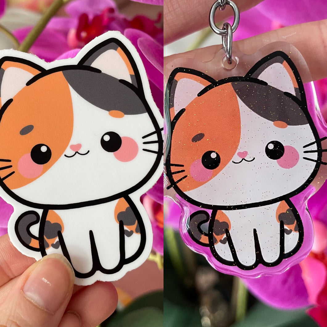 Calico Cat Keychain + Sticker