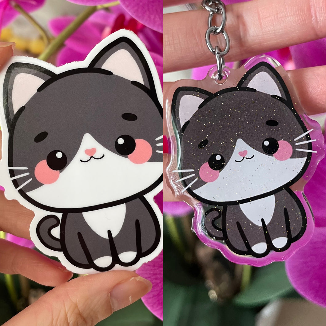 Tuxedo Cat Keychain + Sticker Bundle